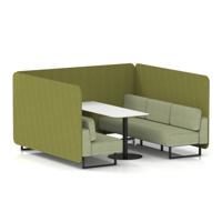 Brixworth 6 Seater Bench Booth With Black Legs And White Table With Black Leg In Rivet Fabric - Olive Panels And Burnish Sofa