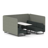 Brixworth 6 Seater Bench Booth With Black Legs And White Table With Black Leg In Rivet Fabric - Vitreous Panels And Charcoal Sofa