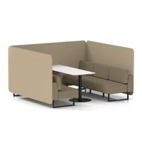 Brixworth 6 Seater Bench Booth With Black Legs And White Table With Black Leg In Main Line Flax Fabric - Upminster Panels And Bank Sofa