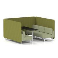 Brixworth 6 Seater Bench Booth With White Legs And Black Table With White Leg In Rivet Fabric - Olive Panels And Burnish Sofa