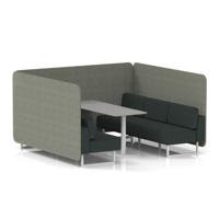 Brixworth 6 Seater Bench Booth With White Legs And Grey Table With White Leg In Rivet Fabric - Vitreous Panels And Charcoal Sofa