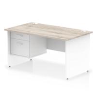 Impulse 1400 x 800mm Straight Office Desk Grey Oak Top White Panel End Leg with 1 x 2 Drawer Fixed Pedestal