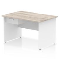 Impulse 1200 x 800mm Scalloped Edge Straight Office Desk Grey Oak Top White Panel End Leg Workstation 1 x 1 Drawer Fixed Pedestal