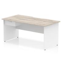Impulse 1600 x 800mm Scalloped Edge Straight Office Desk Grey Oak Top White Panel End Leg Workstation 1 x 1 Drawer Fixed Pedestal
