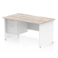 Impulse 1400 x 800mm Scalloped Edge Straight Office Desk Grey Oak Top White Panel End Leg Workstation 1 x 2 Drawer Fixed Pedestal