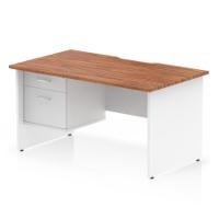 Impulse 1400 x 800mm Scalloped Edge Straight Office Desk Walnut Top White Panel End Leg Workstation 1 x 2 Drawer Fixed Pedestal