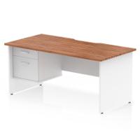 Impulse 1600 x 800mm Scalloped Edge Straight Office Desk Walnut Top White Panel End Leg Workstation 1 x 2 Drawer Fixed Pedestal