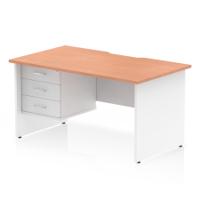 Impulse 1400 x 800mm Scalloped Edge Straight Office Desk Beech Top White Panel End Leg Workstation 1 x 3 Drawer Fixed Pedestal