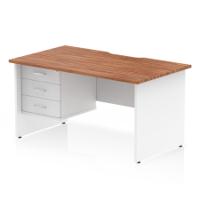 Impulse 1400 x 800mm Scalloped Edge Straight Office Desk Walnut Top White Panel End Leg Workstation 1 x 3 Drawer Fixed Pedestal