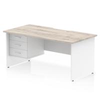 Impulse 1600 x 800mm Scalloped Edge Straight Office Desk Grey Oak Top White Panel End Leg Workstation 1 x 3 Drawer Fixed Pedestal