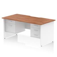 Impulse 1600 x 800mm Scalloped Edge Straight Office Desk Walnut Top White Panel End Leg Workstation 1 x 2 Drawer 1 x 3 Drawer Fixed Pedestal