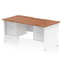 Impulse 1600 x 800mm Scalloped Edge Straight Office Desk Walnut Top White Panel End Leg Workstation 2 x 2 Drawer Fixed Pedestal