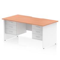Impulse 1600 x 800mm Scalloped Edge Straight Office Desk Beech Top White Panel End Leg Workstation 2 x 3 Drawer Fixed Pedestal