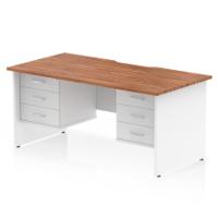 Impulse 1600 x 800mm Scalloped Edge Straight Office Desk Walnut Top White Panel End Leg Workstation 2 x 3 Drawer Fixed Pedestal