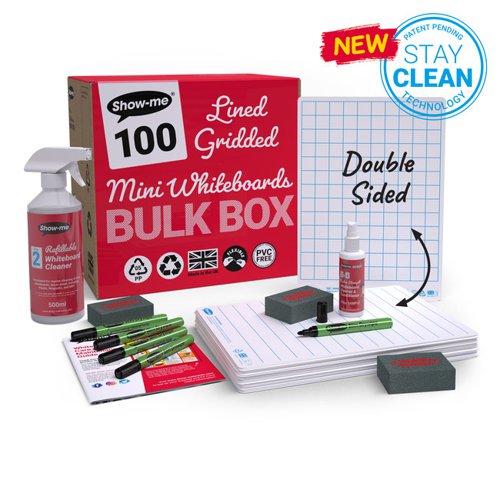 Show-Me Bulk Box of 100 x A4 Lined/Gridded Whiteboards with Pens and Erasers Plus 2 Free Cleaners