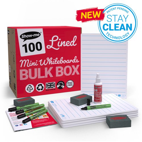 Show-me A4 Lined Mini Whiteboards, Bulk Box, 100 Sets