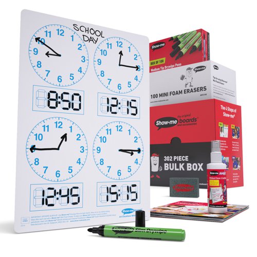 Get to grips with all telling-the-time classroom activities with these 4-panel clock face Show-me boards. Ideal for quick and easy visual assessment, each board is pre-printed with four clock faces and digital readout blocks on one side with a plain reverse.Show-me boards are made from Polypropylene, making them 100% recyclable. Simply pop into your usual recycling bin or take part in the free Show-me send-back recycling scheme. Made sustainably in the UK with low-energy technology. Bulk box contains 100 each of boards, markers and erasers, a free bottle of Show-me Magix, and a whiteboard care and maintenance guide/ poster.