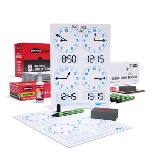 Get to grips with all telling-the-time classroom activities with these 4-panel clock face Show-me boards. Ideal for quick and easy visual assessment, each board is pre-printed with four clock faces and digital readout blocks on one side with a plain reverse.Show-me boards are made from Polypropylene, making them 100% recyclable. Simply pop into your usual recycling bin or take part in the free Show-me send-back recycling scheme. Made sustainably in the UK with low-energy technology. Bulk box contains 100 each of boards, markers and erasers, a free bottle of Show-me Magix, and a whiteboard care and maintenance guide/ poster.