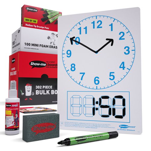 Show-me A4 Clock Face Mini Whiteboards, Bulk Box, 100 Sets