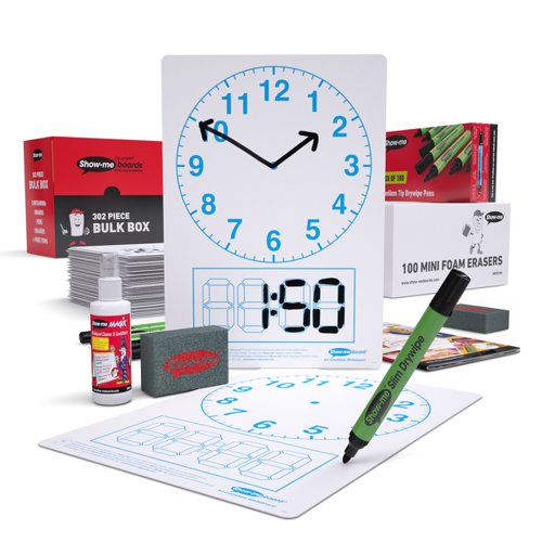 Get to grips with all telling-the-time classroom activities with these clock face Show-me boards. Ideal for quick and easy visual assessment, each board is pre-printed with a clock face and digital readout block on one side with a plain reverse.Show-me boards are made from Polypropylene, making them 100% recyclable. Simply pop into your usual recycling bin or take part in the free Show-me send-back recycling scheme. Made sustainably in the UK with low-energy technology. Bulk box contains 100 each of boards, markers and erasers, a free bottle of Show-me Magix, and a whiteboard care and maintenance guide/ poster.