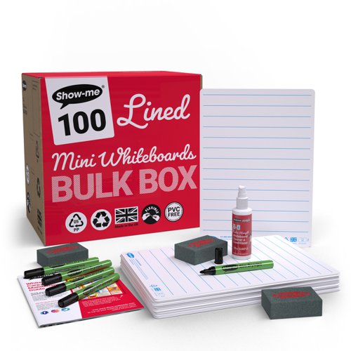 Show-me A4 Lined Mini Whiteboards, Bulk Box, 100 Sets