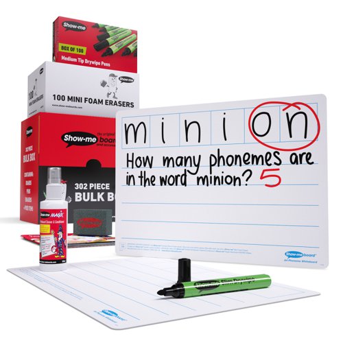 Segment words and sounds, build word recognition and identify a variety of phonemes in CCVC and CVCC words with these 6-frame phoneme Show-me boards. Ideal for quick and easy visual assessment, each board is pre-printed with a 6-section phoneme frame with 4 ruled handwriting lines beneath with a plain reverse. Show-me boards are made from Polypropylene, making them 100% recyclable. Simply pop into your usual recycling bin or take part in the free Show-me send-back recycling scheme. Made sustainably in the UK with low-energy technology. Bulk box contains 100 each of boards, markers and erasers, a free bottle of Show-me Magix, and a whiteboard care and maintenance guide/ poster.