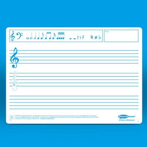 Compose your best lessons with these music composition Show-me boards. Ideal for quick and easy visual assessment, each board is pre-printed with music composition lines evenly spaced in groups of 5 for the composition of bass and treble, or treble only, music. Show-me boards are made from Polypropylene, making them 100% recyclable. Simply pop into your usual recycling bin or take part in the free Show-me send-back recycling scheme. Made sustainably in the UK with low-energy technology. Bulk box contains 100 each of boards, markers and erasers, a free bottle of Show-me Magix, and a whiteboard care and maintenance guide/ poster.