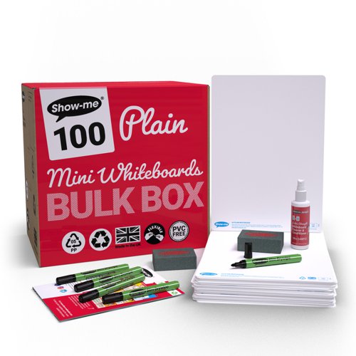 Show-me A4 Plain Mini Whiteboards, Bulk Box, 100 Sets