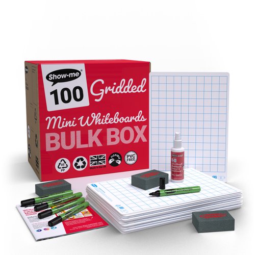 Show-me A4 Gridded Mini Whiteboards, Bulk Box, 100 Sets