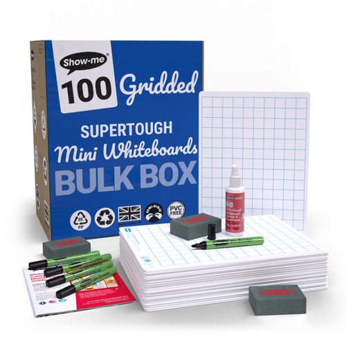 Show-me A4 Supertough Gridded Mini Whiteboards, Bulk Box, 100 Sets