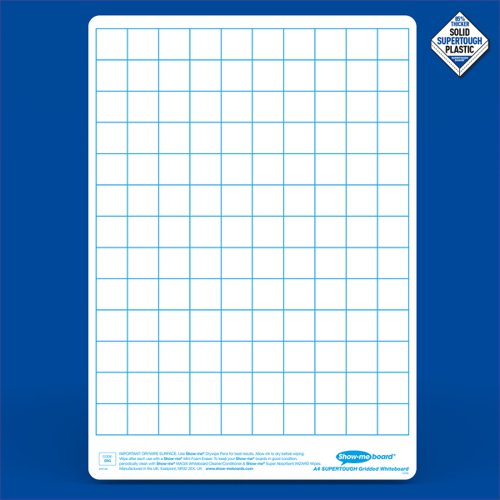 Think inside the box both in and out of the classroom with SUPERTOUGH gridded Show-me boards. Take learning on the move with Show-me SUPERTOUGH boards. At 85% thicker than a standard Show-me board, they're ideal for working on the floor, in playgrounds, on field trips and more. Ideal for quick and easy visual assessment, each board is pre-printed with a light blue gridded pattern on one side with a plain reverse.Show-me boards are made from Polypropylene, making them 100% recyclable. Simply pop into your usual recycling bin or take part in the free Show-me send-back recycling scheme.  Made sustainably in the UK with low-energy technology. Bulk box contains 100 each of boards, markers and erasers, a free bottle of Show-me Magix, and a whiteboard care and maintenance guide/ poster.