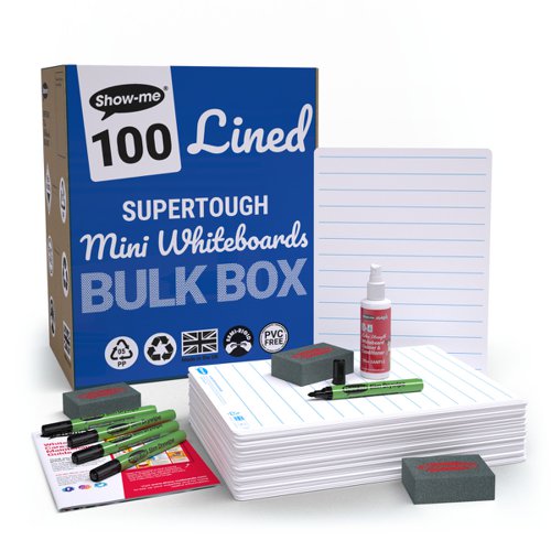Show-me A4 Supertough Lined Mini Whiteboards, Bulk Box, 100 Sets
