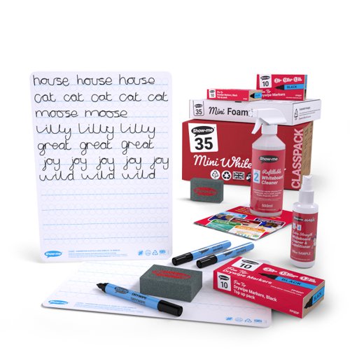 Show-me Classpack of 35 Bubble Handwriting Scaffold Drywipe Boards, with Pens and Erasers