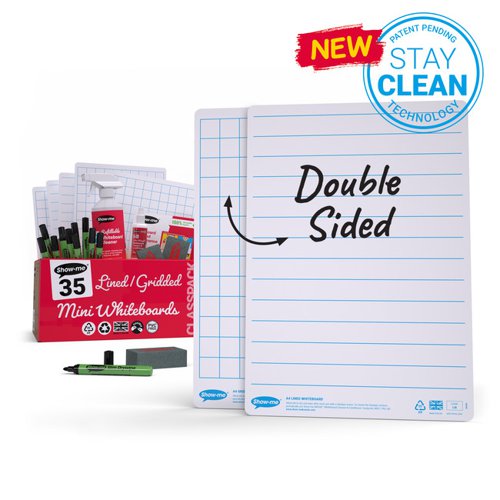 Show-Me Classpack of 35 x A4 Lined/Gridded Whiteboards with Pens and Erasers Plus 2 Free Cleaners