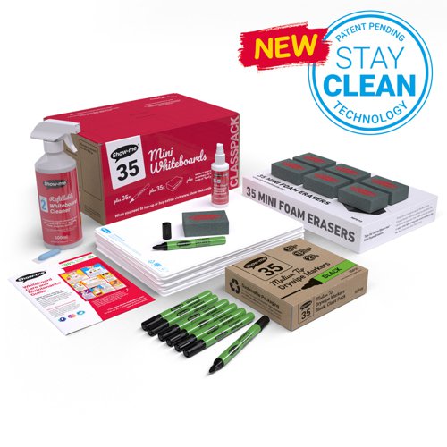 EG60021 | This Show-me classroom pack contains 35 plain, double sided A4 whiteboards, 35 medium black drywipe markers, 35 erasers and a bottle of 100ml MAGIX whiteboard cleaner. The A4 whiteboards are great for all kinds of classroom activities including drawing, spelling, handwriting, mathematics and more.