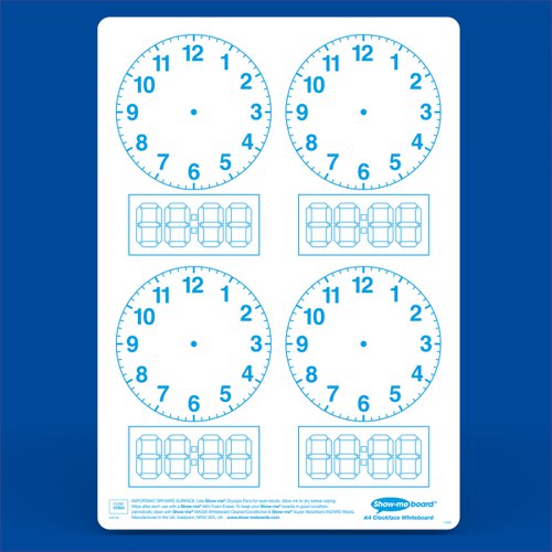 Get to grips with all telling-the-time classroom activities with these 4-panel clock face Show-me boards. Ideal for quick and easy visual assessment, each board is pre-printed with four clock faces and digital readout blocks on one side with a plain reverse.Show-me boards are made from Polypropylene, making them 100% recyclable. Simply pop into your usual recycling bin or take part in the free Show-me send-back recycling scheme. Made sustainably in the UK with low-energy technology. Class pack contains 35 each of boards, markers and erasers, a free bottle of Show-me Magix, and a whiteboard care and maintenance guide/ poster.