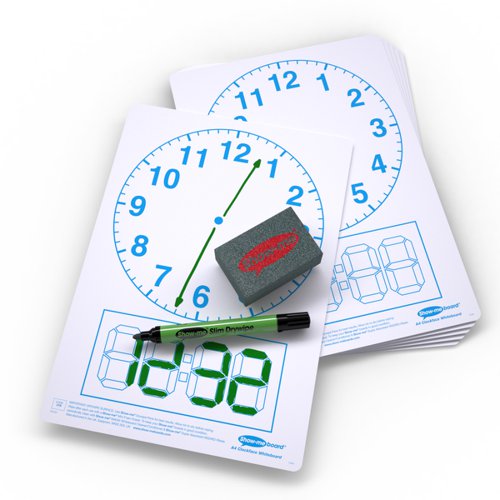 Get to grips with all telling-the-time classroom activities with these clock face Show-me boards. Ideal for quick and easy visual assessment, each board is pre-printed with a clock face and digital readout block on one side with a plain reverse.Show-me boards are made from Polypropylene, making them 100% recyclable. Simply pop into your usual recycling bin or take part in the free Show-me send-back recycling scheme. Made sustainably in the UK with low-energy technology. Class pack contains 35 each of boards, markers and erasers, a free bottle of Show-me Magix, and a whiteboard care and maintenance guide/ poster.