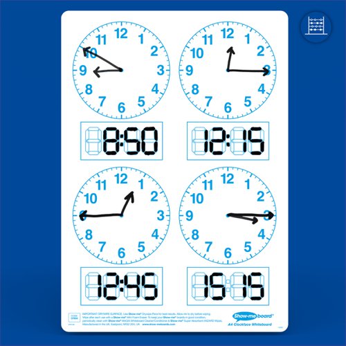Get to grips with all telling-the-time classroom activities with these clock face Show-me boards. Ideal for quick and easy visual assessment, each board is pre-printed with four clock faces and digital readout blocks on one side with a plain reverse. Show-me boards are made from Polypropylene, making them 100% recyclable. Simply pop into your usual recycling bin or take part in the free Show-me send-back recycling scheme. Made sustainably in the UK with low-energy technology. Small pack contains 10 each of boards, markers, and erasers, and a whiteboard care and maintenance guide/ poster.