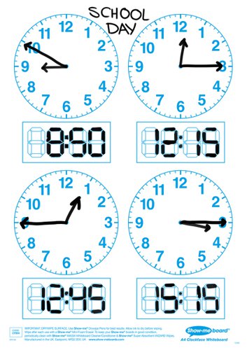 Get to grips with all telling-the-time classroom activities with these clock face Show-me boards. Ideal for quick and easy visual assessment, each board is pre-printed with four clock faces and digital readout blocks on one side with a plain reverse. Show-me boards are made from Polypropylene, making them 100% recyclable. Simply pop into your usual recycling bin or take part in the free Show-me send-back recycling scheme. Made sustainably in the UK with low-energy technology. Small pack contains 10 each of boards, markers, and erasers, and a whiteboard care and maintenance guide/ poster.