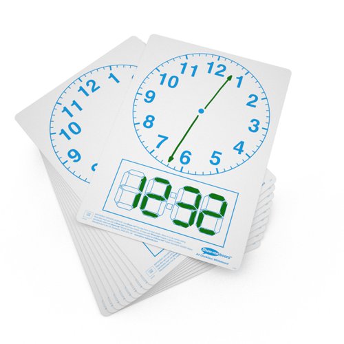 Get to grips with all telling-the-time classroom activities with these clock face Show-me boards. Ideal for quick and easy visual assessment, each board is pre-printed with a clock face and digital readout block on one side with a plain reverse. Show-me boards are made from Polypropylene, making them 100% recyclable. Simply pop into your usual recycling bin or take part in the free Show-me send-back recycling scheme. Made sustainably in the UK with low-energy technology. Pack contains 10 boards.