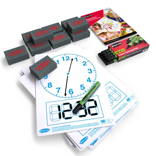 Get to grips with all telling-the-time classroom activities with these clock face Show-me boards. Ideal for quick and easy visual assessment, each board is pre-printed with a clock face and digital readout block on one side with a plain reverse. Show-me boards are made from Polypropylene, making them 100% recyclable. Simply pop into your usual recycling bin or take part in the free Show-me send-back recycling scheme. Made sustainably in the UK with low-energy technology. Small pack contains 10 each of boards, markers, and erasers, and a whiteboard care and maintenance guide/ poster.