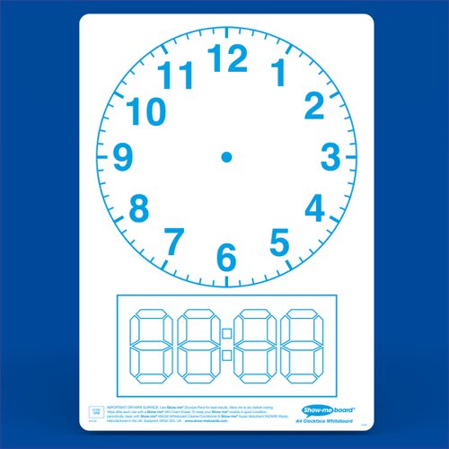 Get to grips with all telling-the-time classroom activities with these clock face Show-me boards. Ideal for quick and easy visual assessment, each board is pre-printed with a clock face and digital readout block on one side with a plain reverse. Show-me boards are made from Polypropylene, making them 100% recyclable. Simply pop into your usual recycling bin or take part in the free Show-me send-back recycling scheme. Made sustainably in the UK with low-energy technology. Small pack contains 10 each of boards, markers, and erasers, and a whiteboard care and maintenance guide/ poster.