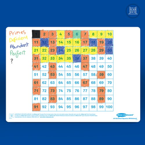 Find patterns, investigate numbers and develop mathematical skills with these hundred square Show-me boards.Ideal for quick and easy visual assessment, each board is pre-printed with a populated hundred square on one side and a blank hundred square on the reverse. Show-me boards are made from Polypropylene, making them 100% recyclable. Simply pop into your usual recycling bin or take part in the free Show-me send-back recycling scheme. Made sustainably in the UK with low-energy technology. Class pack contains 35 each of boards, markers and erasers, a free bottle of Show-me Magix, and a whiteboard care and maintenance guide/ poster.