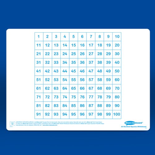 Find patterns, investigate numbers and develop mathematical skills with these hundred square Show-me boards.Ideal for quick and easy visual assessment, each board is pre-printed with a populated hundred square on one side and a blank hundred square on the reverse. Show-me boards are made from Polypropylene, making them 100% recyclable. Simply pop into your usual recycling bin or take part in the free Show-me send-back recycling scheme. Made sustainably in the UK with low-energy technology. Class pack contains 35 each of boards, markers and erasers, a free bottle of Show-me Magix, and a whiteboard care and maintenance guide/ poster.