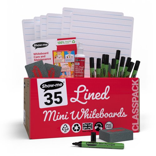 Show-me A4 Lined Mini Whiteboards, Class Pack, 35 Sets