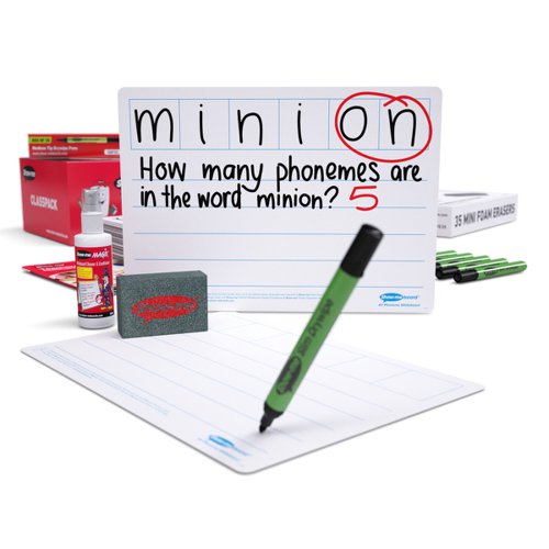 Segment words and sounds, build word recognition and identify a variety of phonemes in CCVC and CVCC words with these 6-frame phoneme Show-me boards. Ideal for quick and easy visual assessment, each board is pre-printed with a 6-section phoneme frame with 4 ruled handwriting lines beneath with a plain reverse. Show-me boards are made from Polypropylene, making them 100% recyclable. Simply pop into your usual recycling bin or take part in the free Show-me send-back recycling scheme. Made sustainably in the UK with low-energy technology. Class pack contains 35 each of boards, markers and erasers, a free bottle of Show-me Magix, and a whiteboard care and maintenance guide/ poster.