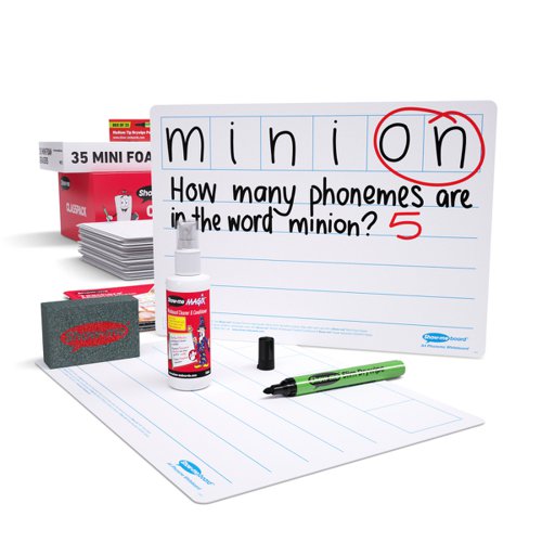 Segment words and sounds, build word recognition and identify a variety of phonemes in CCVC and CVCC words with these 6-frame phoneme Show-me boards. Ideal for quick and easy visual assessment, each board is pre-printed with a 6-section phoneme frame with 4 ruled handwriting lines beneath with a plain reverse. Show-me boards are made from Polypropylene, making them 100% recyclable. Simply pop into your usual recycling bin or take part in the free Show-me send-back recycling scheme. Made sustainably in the UK with low-energy technology. Class pack contains 35 each of boards, markers and erasers, a free bottle of Show-me Magix, and a whiteboard care and maintenance guide/ poster.