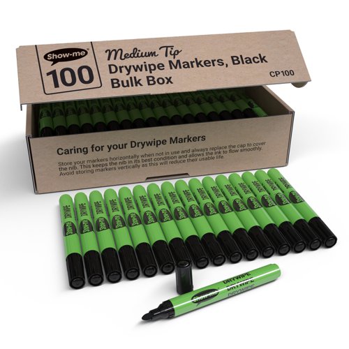Show-me Box 100 Medium Tip Slim Barrel Drywipe Markers - Black