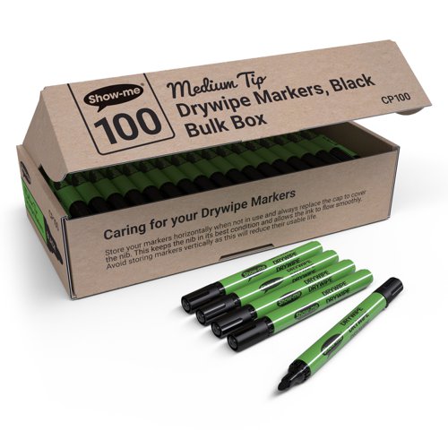 Show-me Drywipe Marker Medium Tip Black (Pack of 100) CP100 EG60118 Buy online at Office 5Star or contact us Tel 01594 810081 for assistance