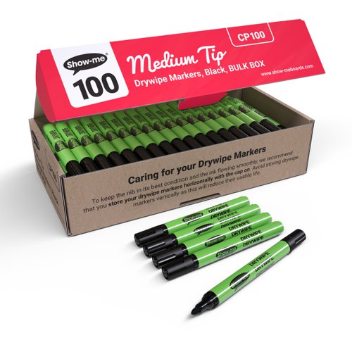 Show-me Drywipe Marker Medium Tip Slim Barrel Black (Pack 100) - CP100